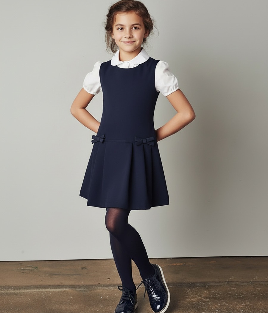 Sukienka granatowa szkolna dla dziewczynki z kokardkami - minimi