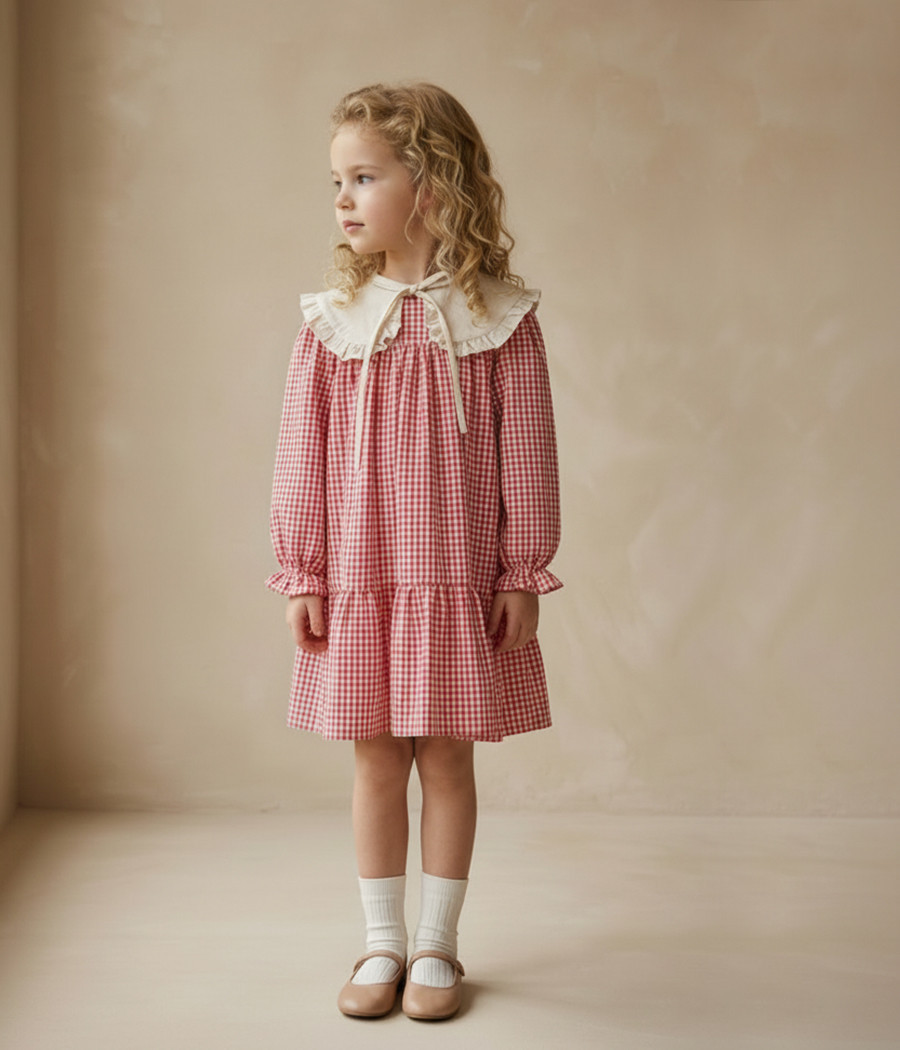 Sukienka w kratkę z ozdobnym kołnierzykiem dla dziewczynki -  minimi