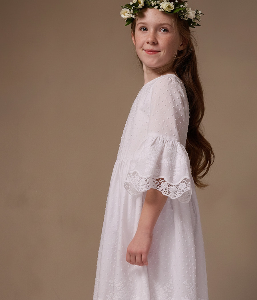 Sukienka pokomunijna dla dziewczynki bawełniana z koronką - minimi