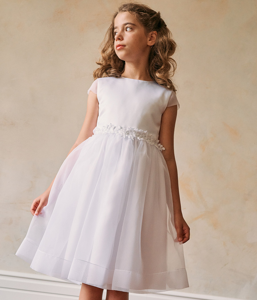 Sukienka pokomunijna biała z koronką  w pasie - minimi