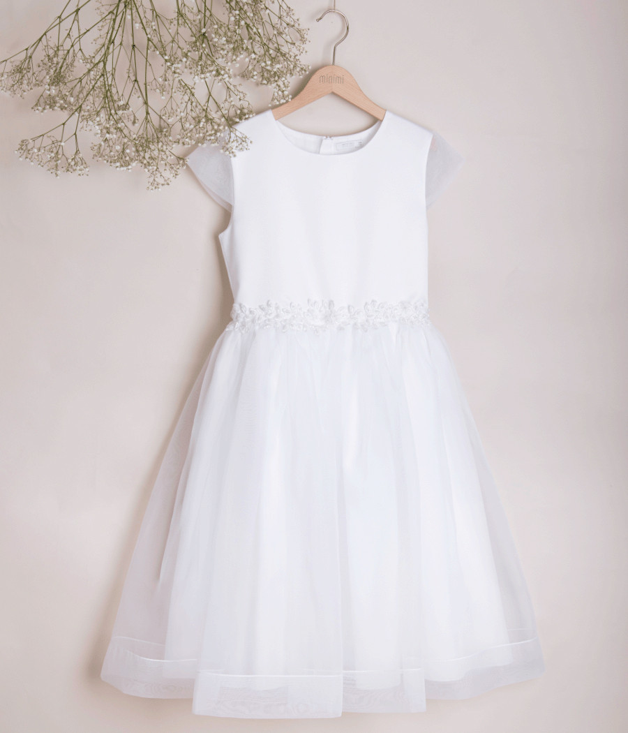 Sukienka pokomunijna biała z koronką  w pasie - minimi