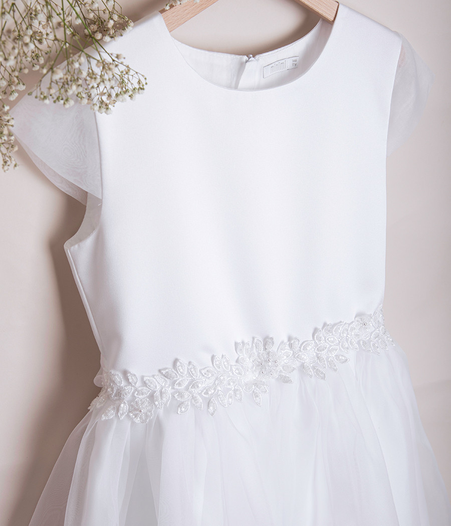 Sukienka pokomunijna biała z koronką  w pasie - minimi