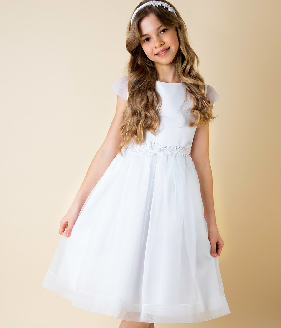 Sukienka pokomunijna biała z koronką  w pasie - minimi