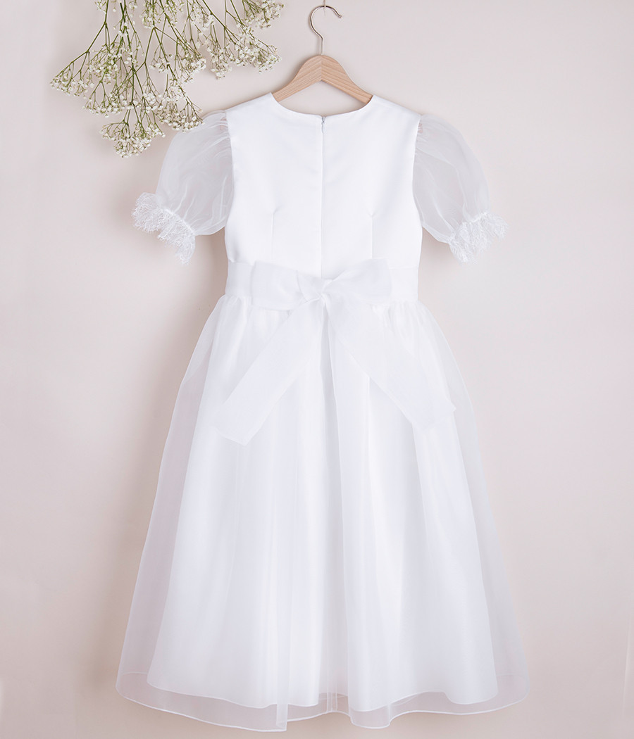 Sukienka biała z rękawem bufką z koronką