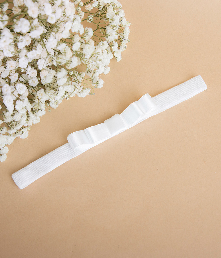 Biała elastyczna opaska do chrztu z satynową kokardką - minimi