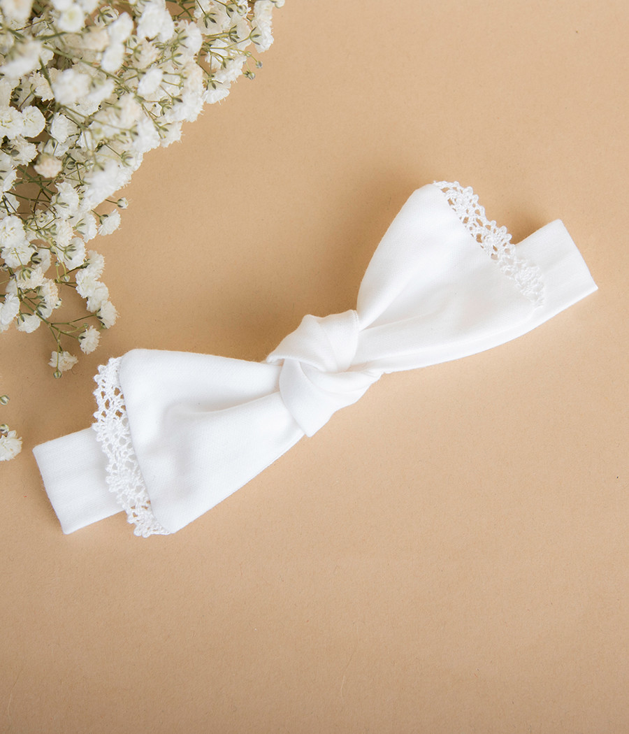 Bawełniana biała opaska z kokardką dla dziewczynki - minimi