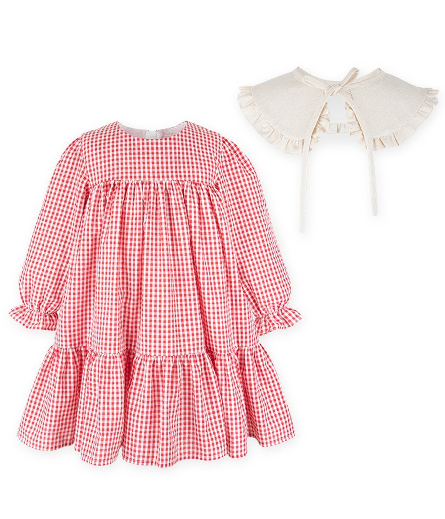 Sukienka w kratkę z ozdobnym kołnierzykiem dla dziewczynki -  minimi