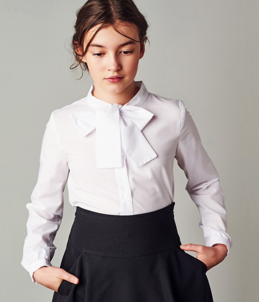 Biała bluzka dla dziewczynki z wiązaniem na kokardę - minimi